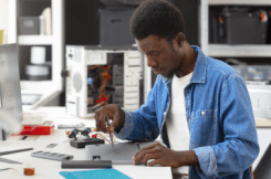 Homme réparant un ordinateur