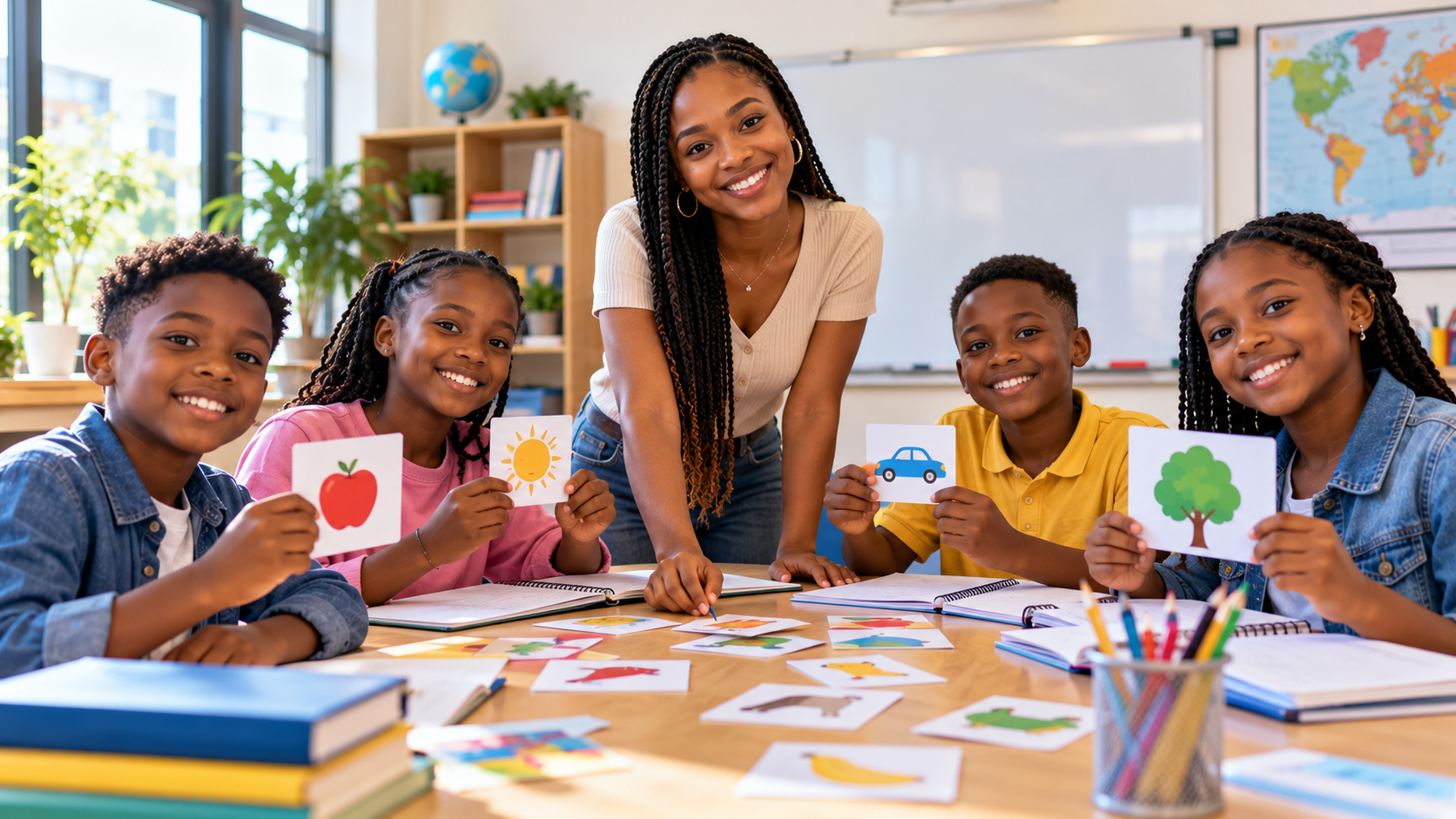Smiling children holding up picture cards with their teacher