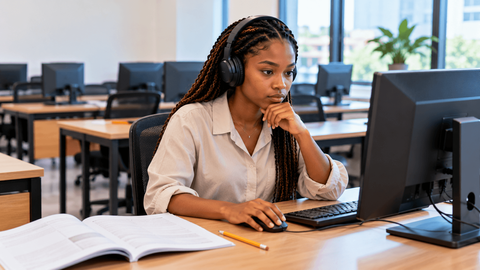 Student wearing headphones practising on a computer, with an open book