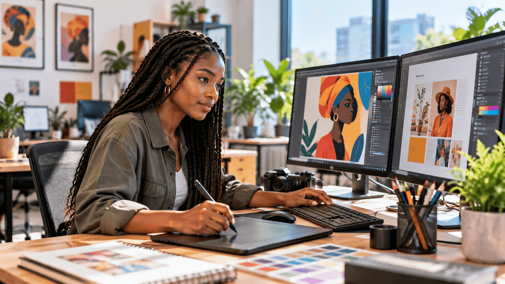Graphiste dessinant sur une tablette graphique devant deux écrans d'illustrations