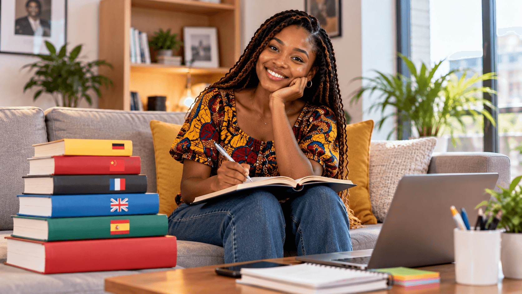 Smiling student taking notes beside a stack of language books