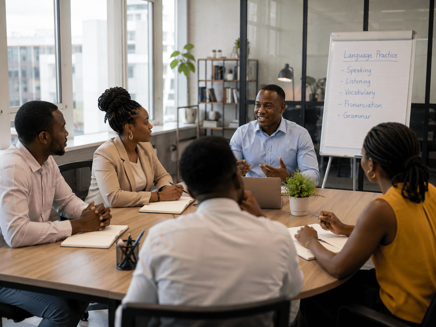 Formateur animant une session de formation linguistique en entreprise