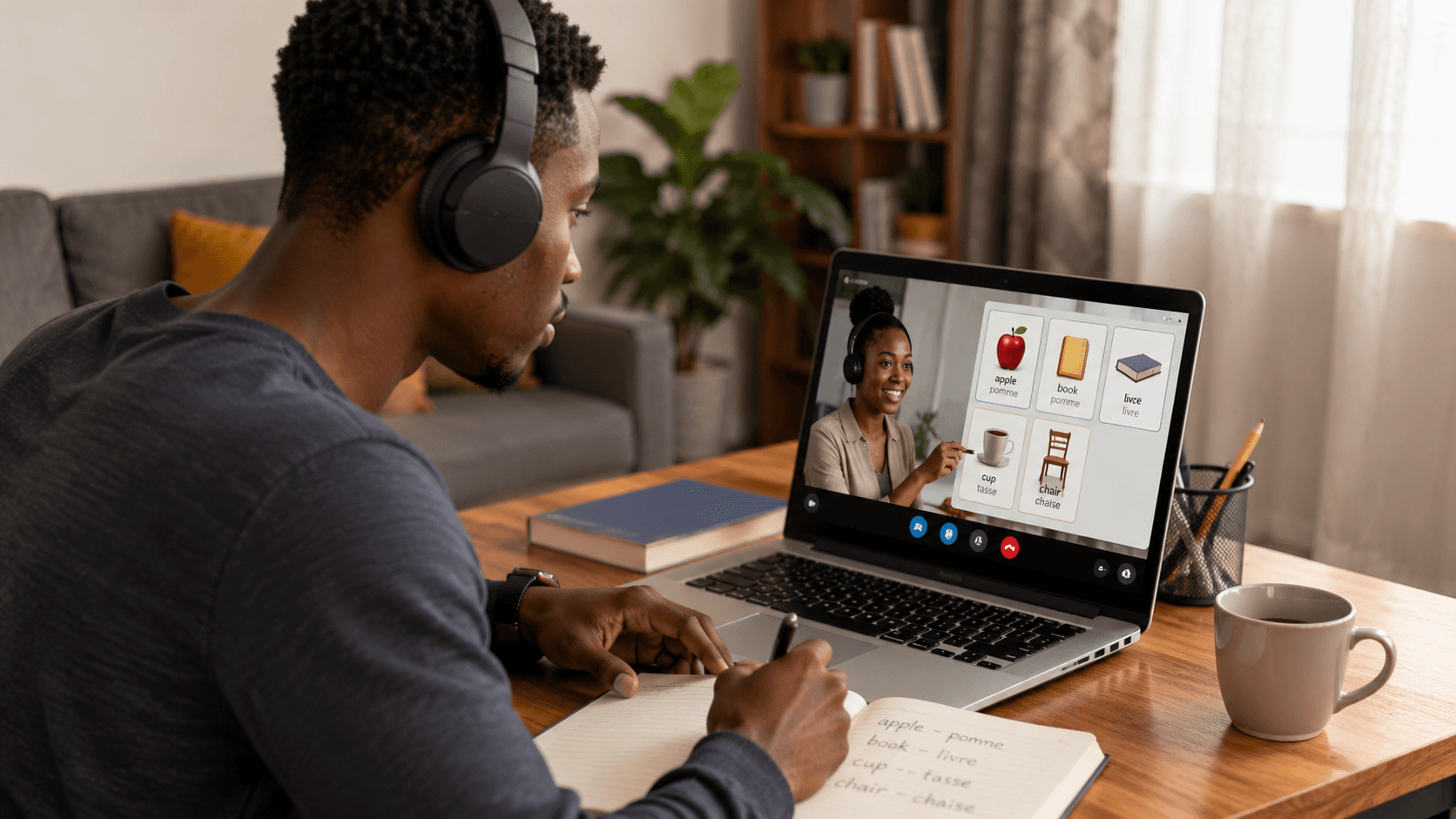 Étudiant suivant un cours de langue en visioconférence, vocabulaire affiché à l'écran