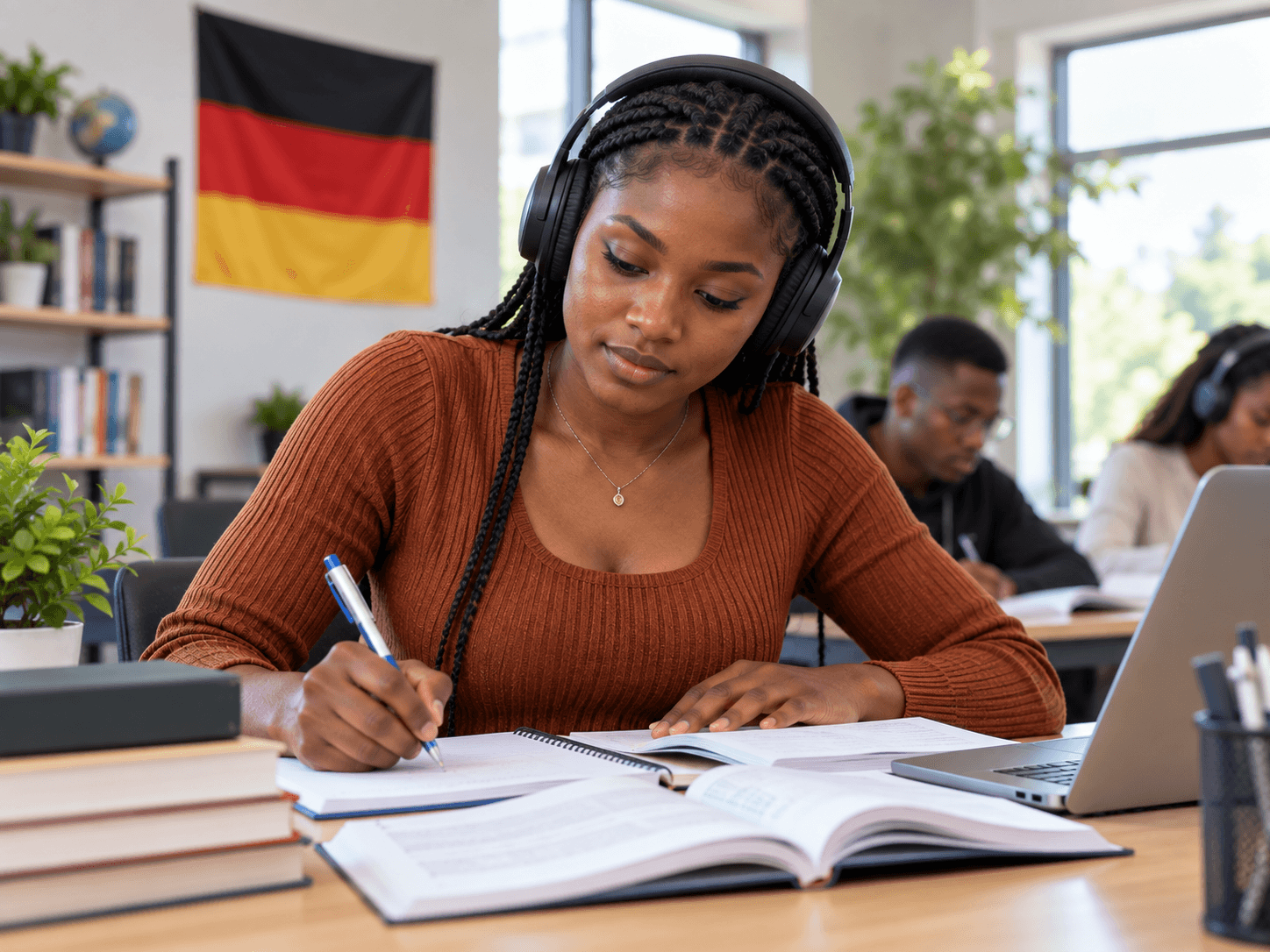 Student wearing headphones studying German in class