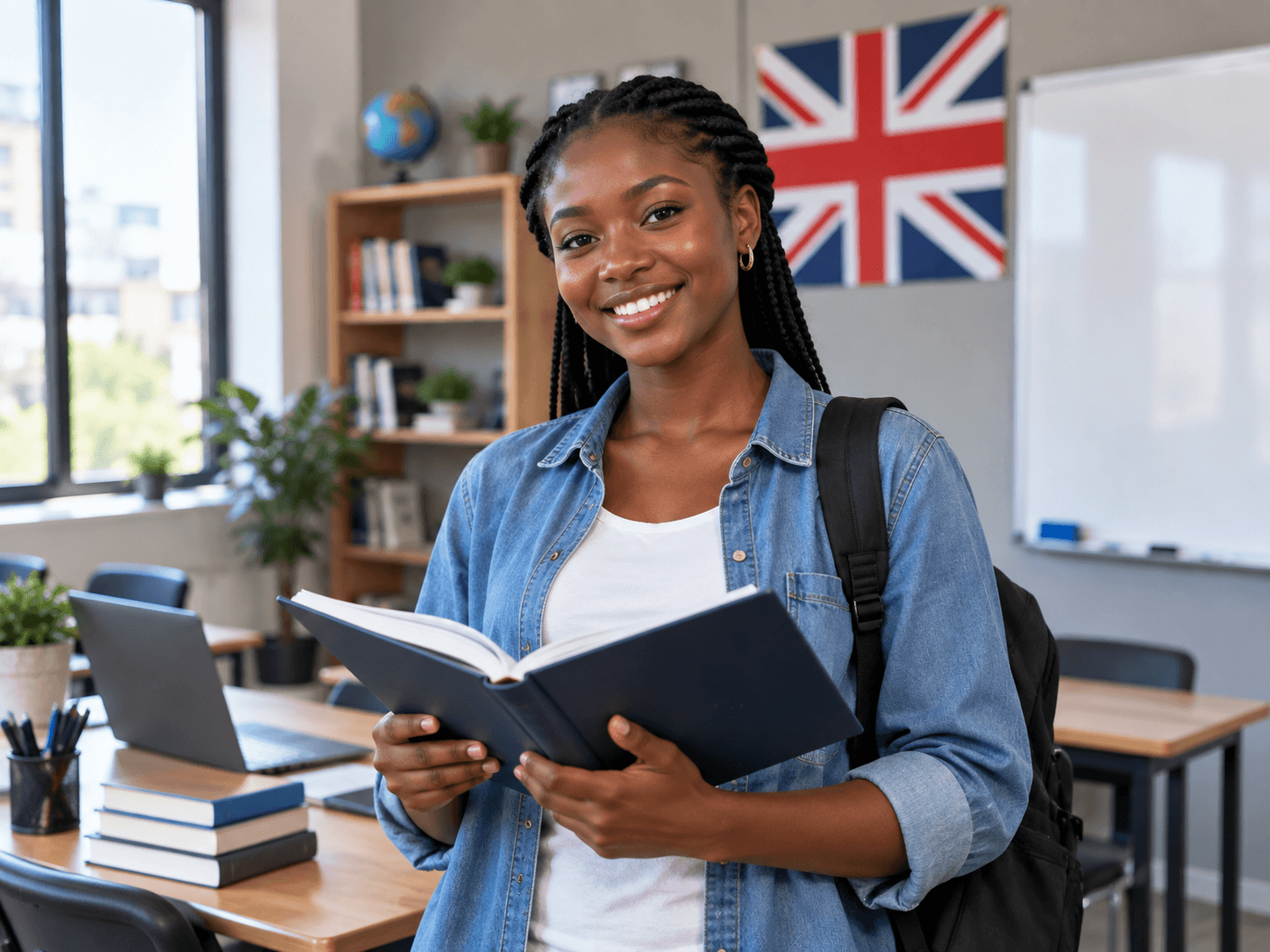 Smiling student holding an English book in a classroom