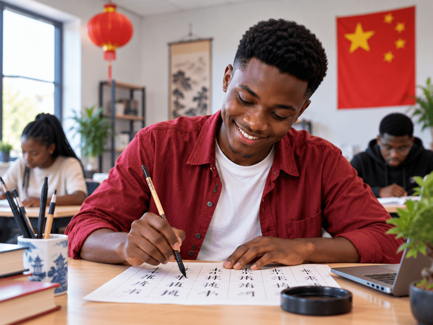 Student practicing Chinese calligraphy