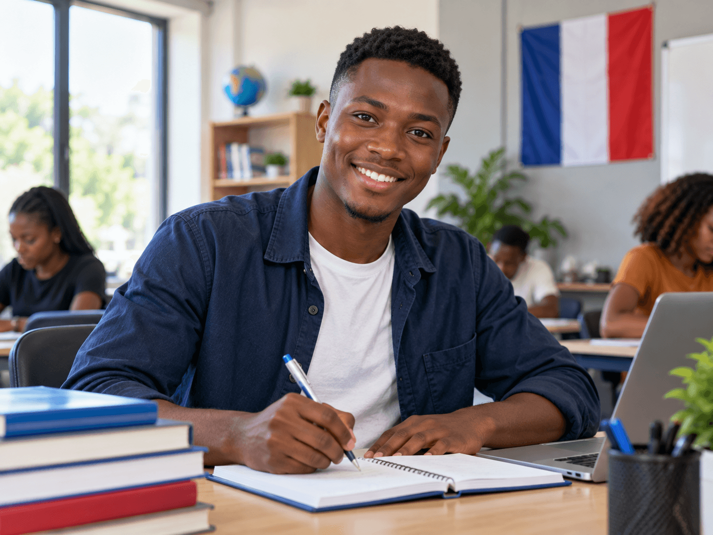 Smiling student taking notes in a French class
