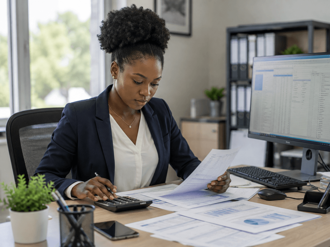 Accounting secretary reviewing financial documents with a calculator