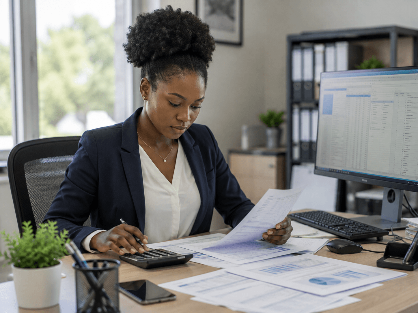 Accounting secretary reviewing financial documents with a calculator