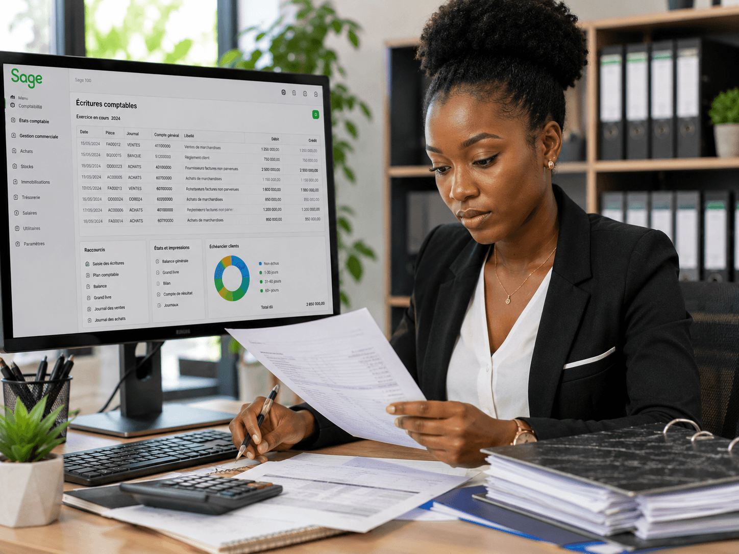 Accountant reviewing financial documents with a calculator