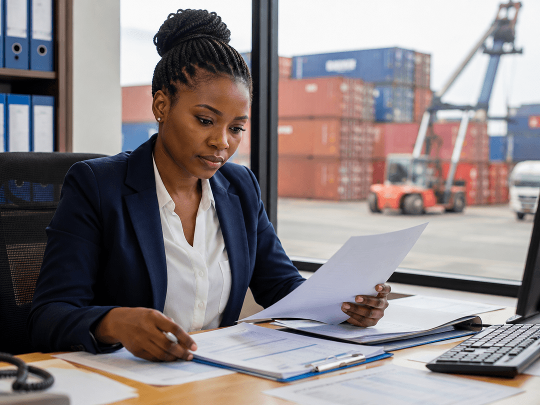 Customs and transit agent reviewing paperwork with shipping containers in the background