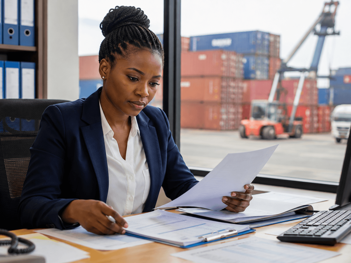 Customs and transit agent reviewing paperwork with shipping containers in the background