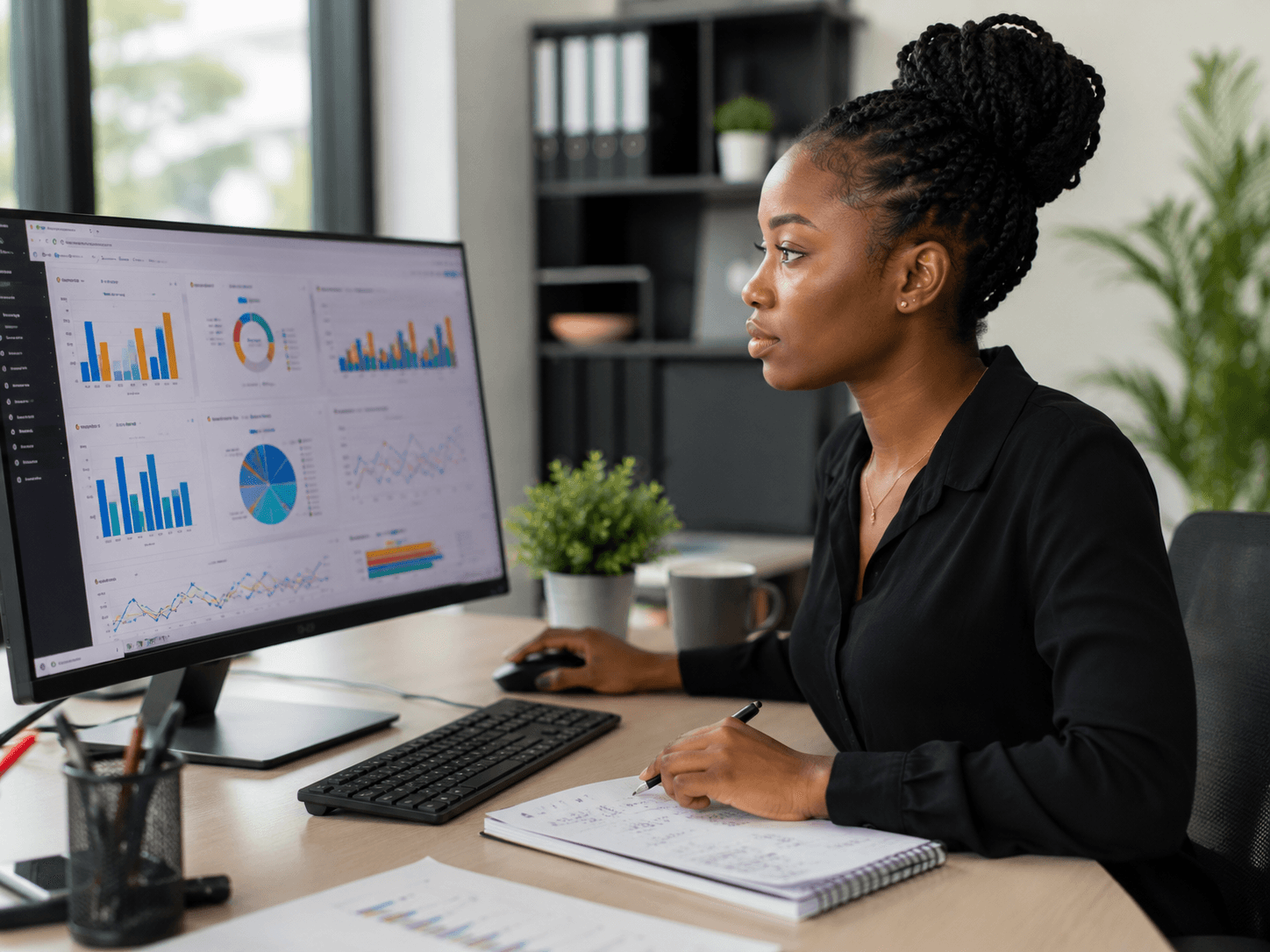 Analyst reviewing a Power BI dashboard on a computer screen