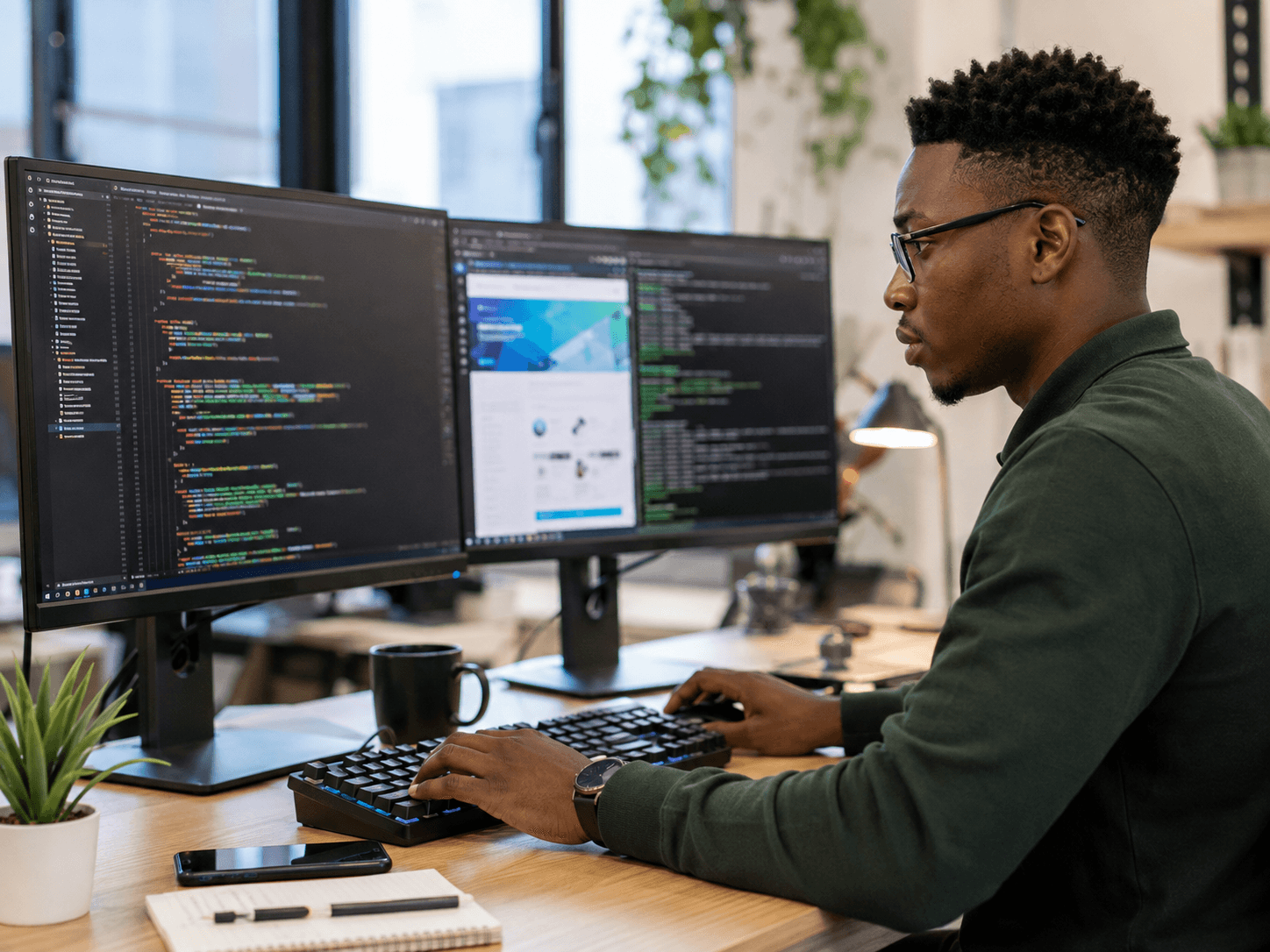 Full Stack developer coding a web application across multiple screens