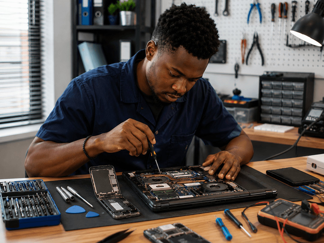 Technicien réparant un ordinateur portable avec des outils de maintenance