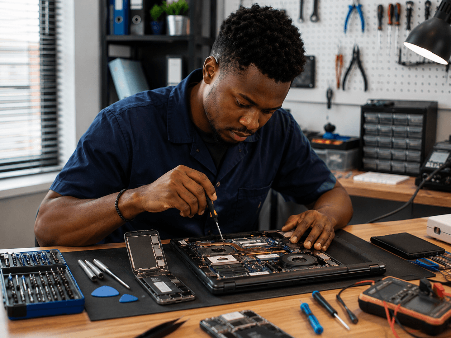 Technician repairing a laptop with maintenance tools