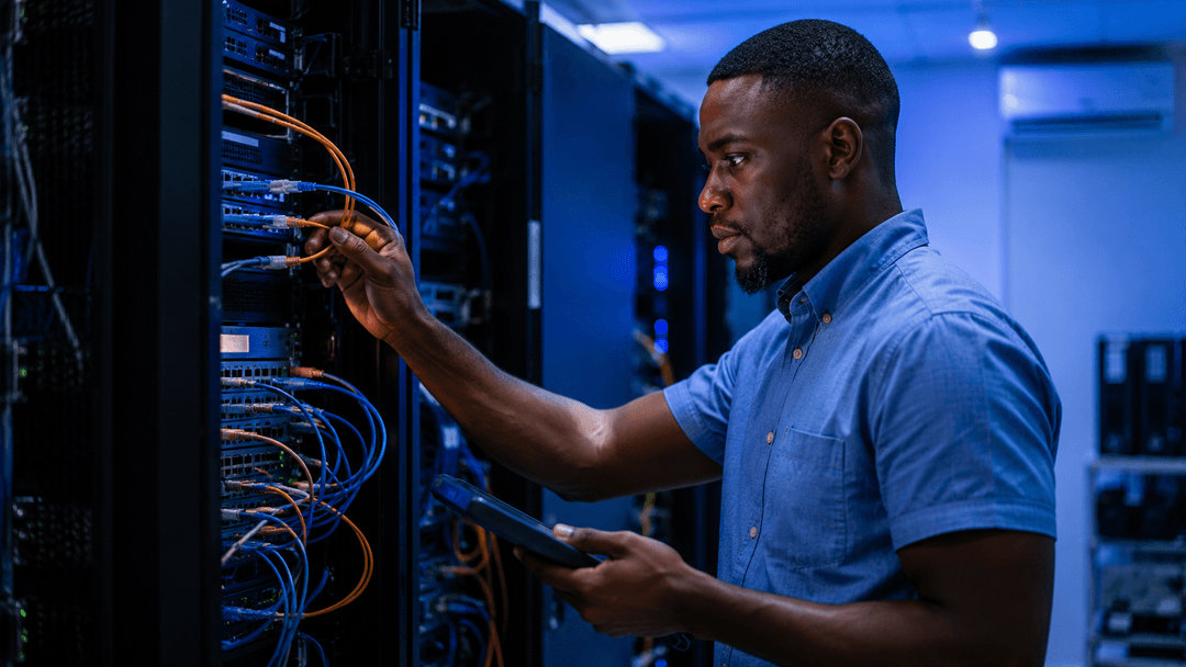 Technician configuring a computer network