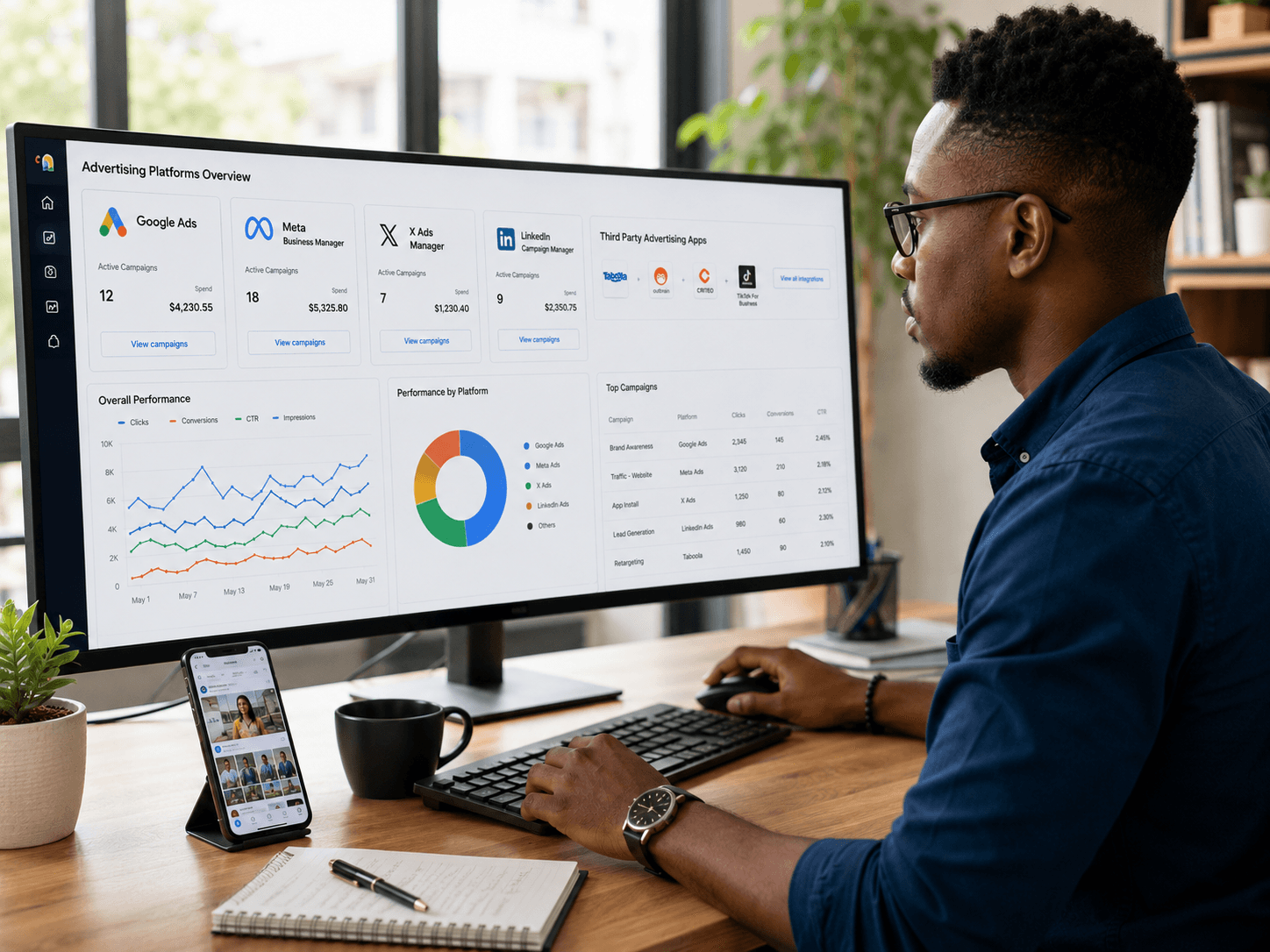Spécialiste en publicité digitale analysant des campagnes sur plusieurs écrans