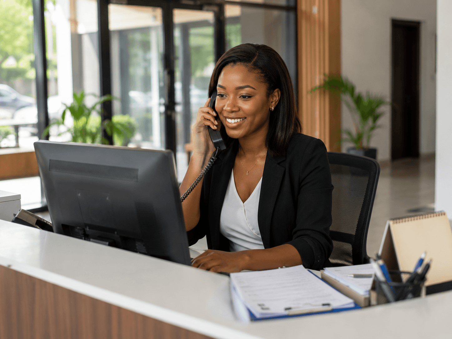 Assistant administratif bilingue répondant au téléphone dans un bureau moderne