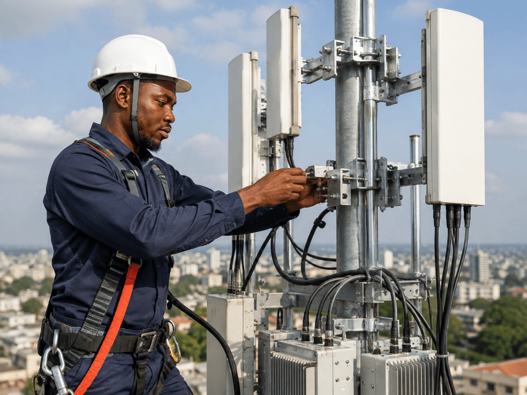 Telecom technician installing a cell tower antenna