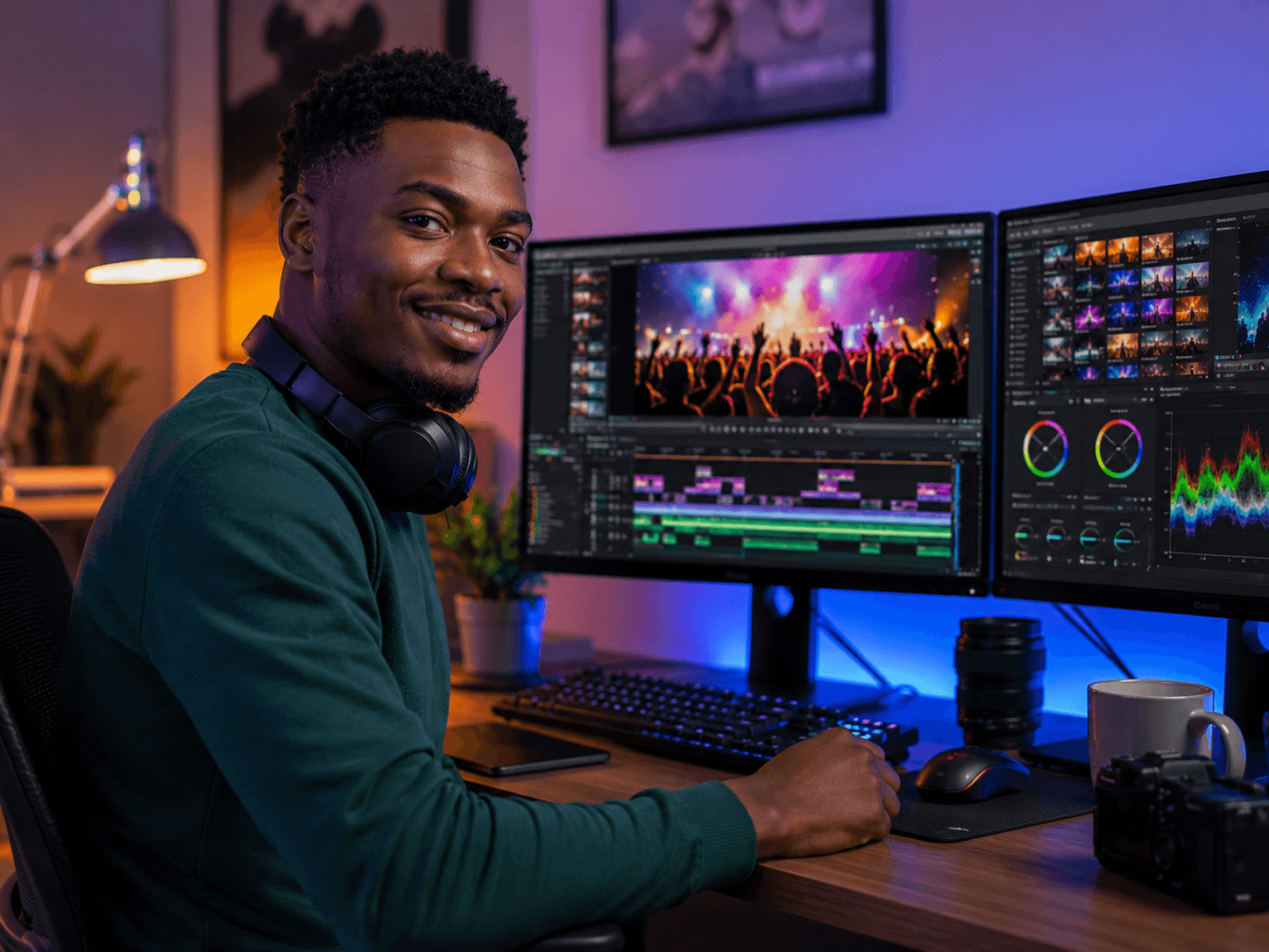 Video editor working on a concert edit across two monitors