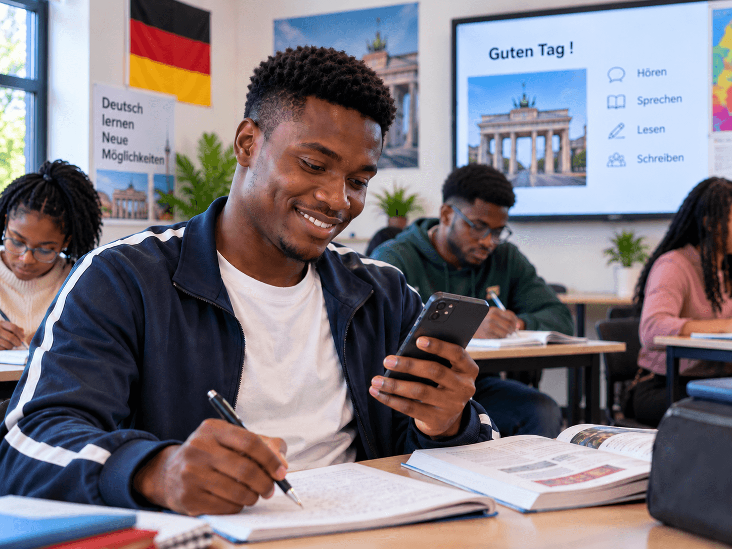Smiling student studying German in a classroom