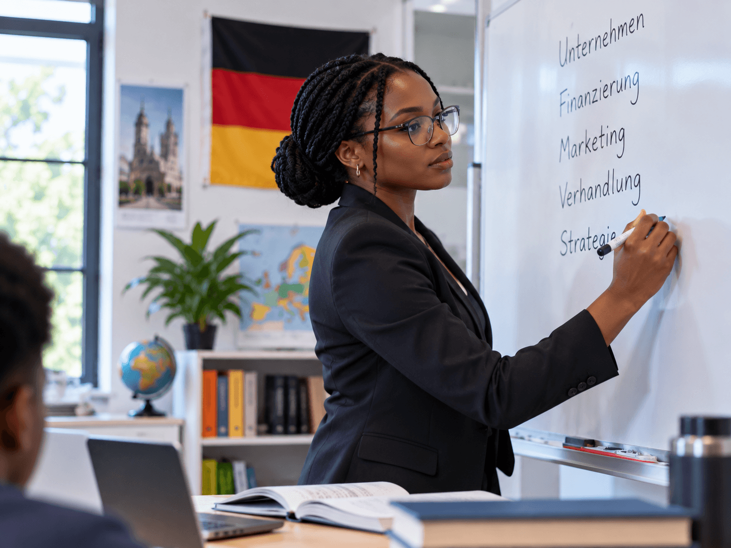 Instructor writing German business vocabulary on a whiteboard