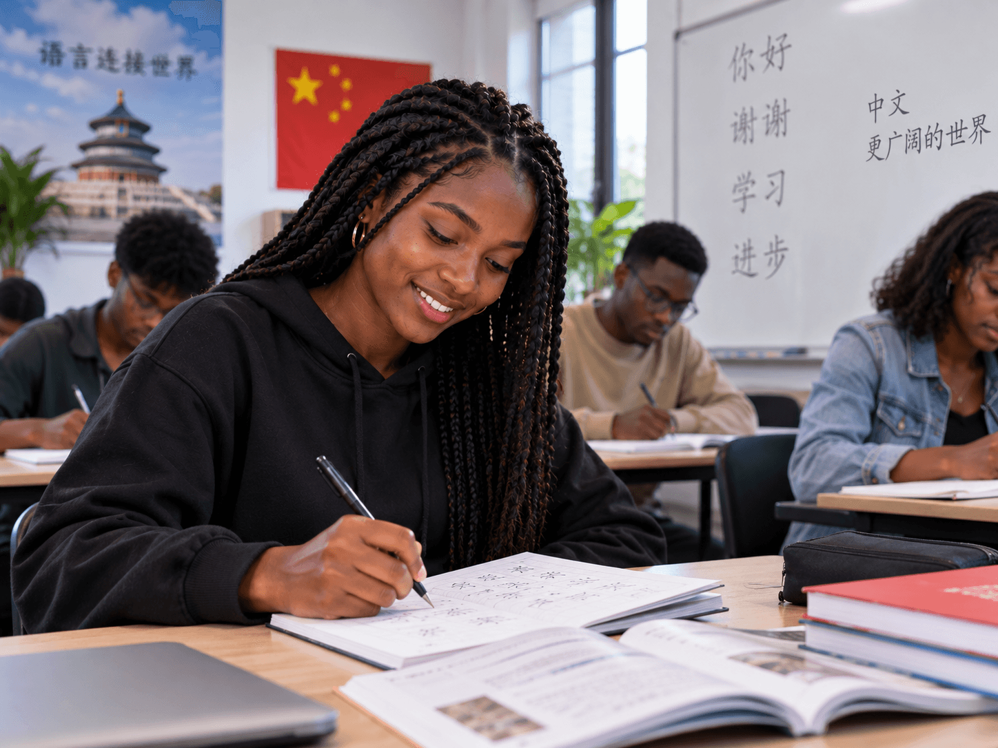 Étudiante s'exerçant à écrire des caractères chinois en classe