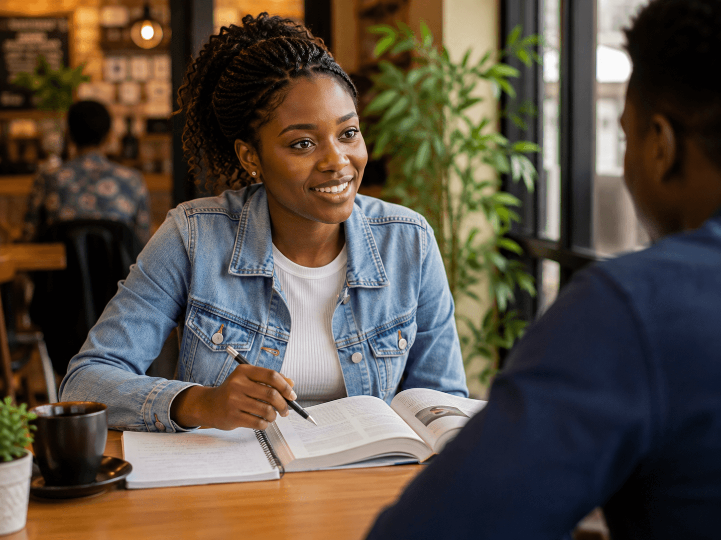 Student working through an English textbook with her instructor