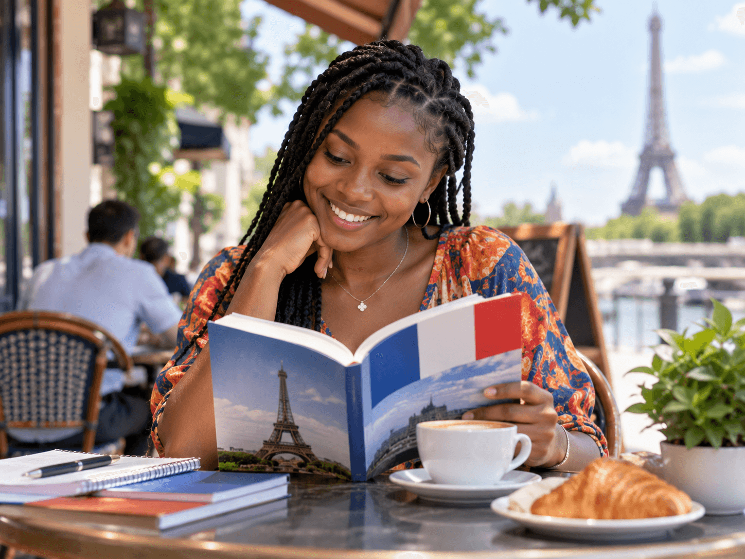 Smiling student reading a French guide at a café terrace with the Eiffel Tower in the background
