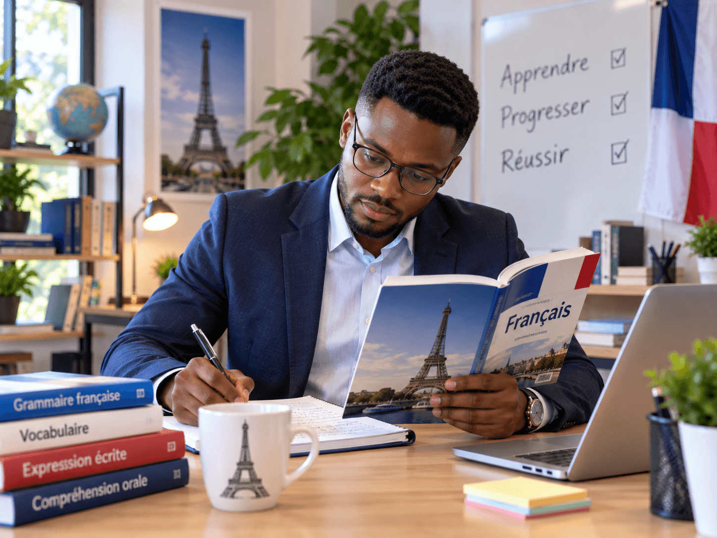 Professional in a suit studying French with grammar and vocabulary textbooks