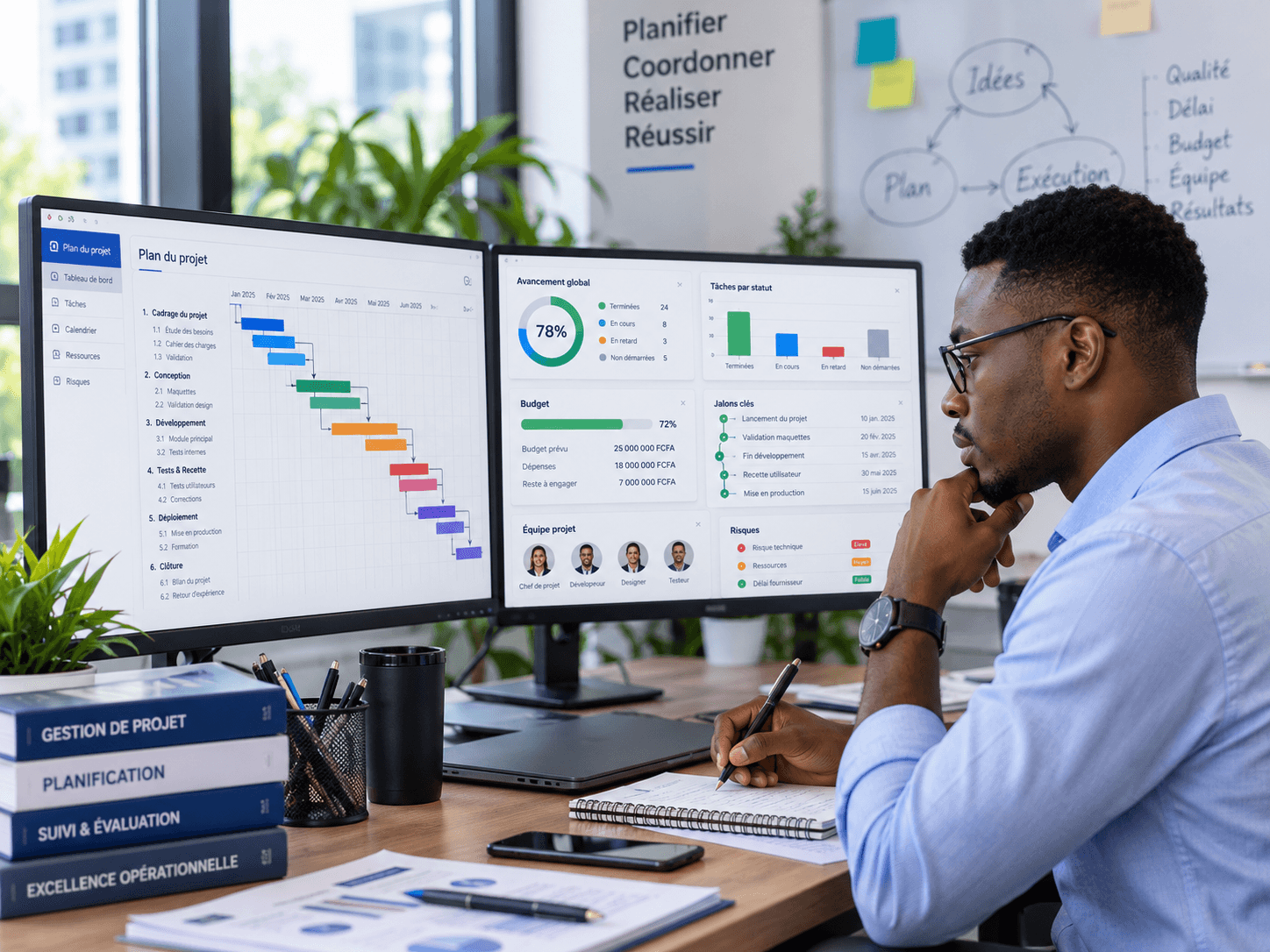 Project manager presenting a Gantt chart during a team meeting
