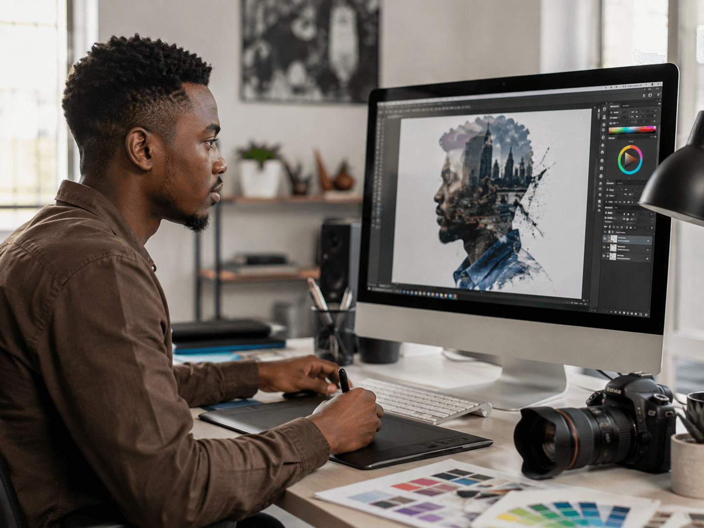 Production graphic designer working on a photo composite with his camera nearby
