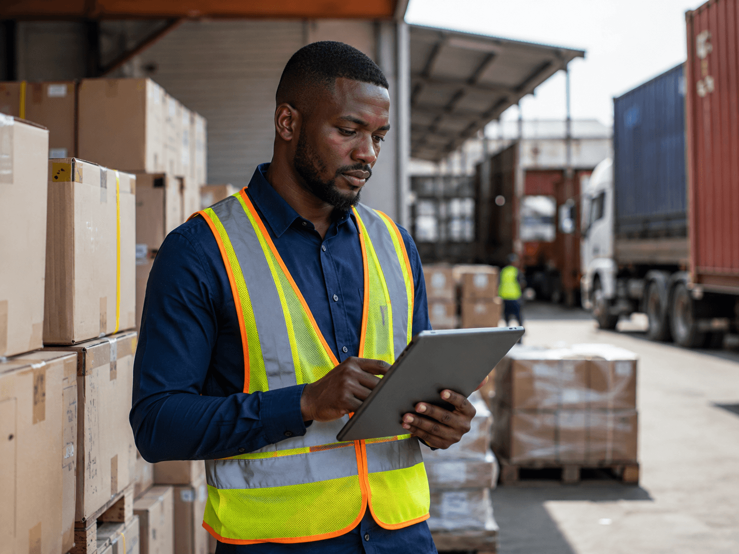 Logistics agent checking a delivery on a tablet at the warehouse